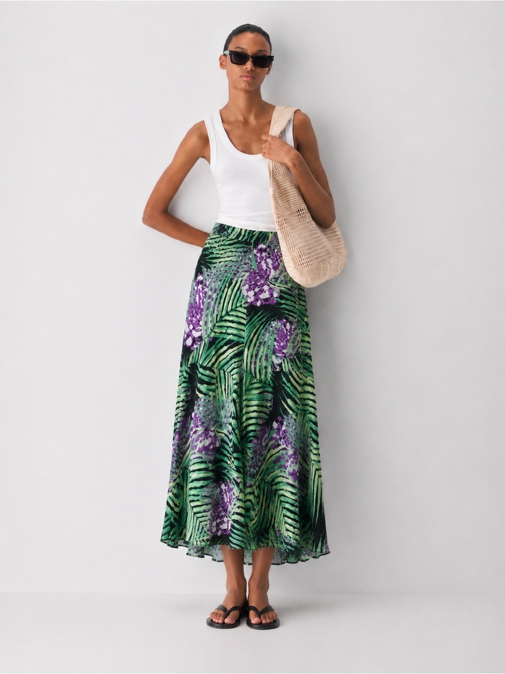eva mendes for New York & Company Green and Purple Tropical Leaf Maxi Skirt
